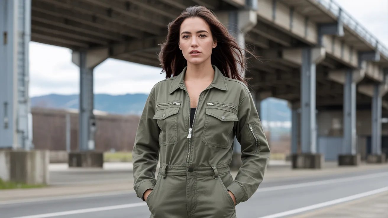 Woman in utility jumpsuit standing in industrial outdoor setting with functional modern style.