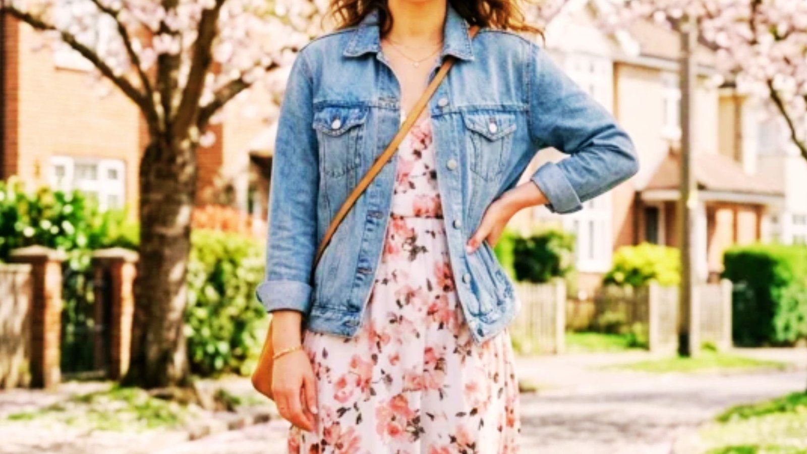 Cropped denim vest styled with a floral maxi dress.