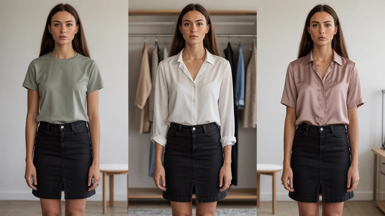 Black skirt styled in multiple versatile outfits for work casual and elegant looks.
