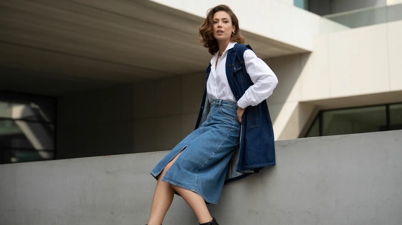 Denim vest paired with a denim midi skirt and white top.