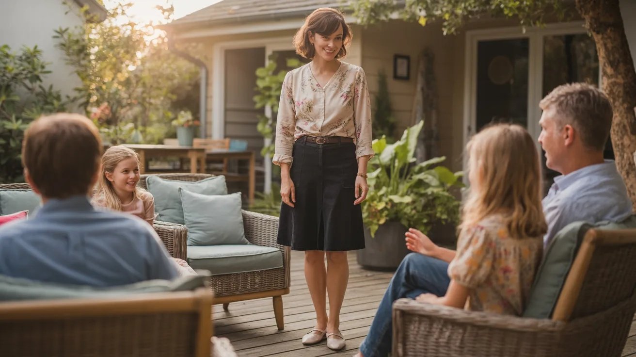 Black skirt with soft blouse for relaxed family gathering outfit.