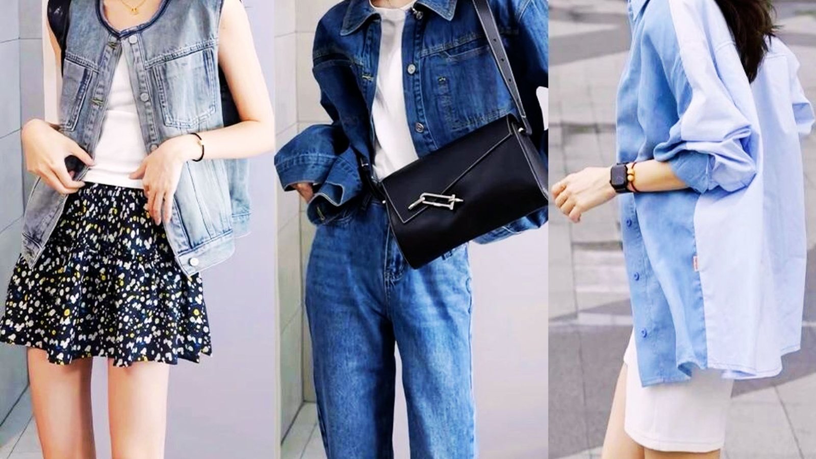 Women wearing trendy denim vest outfits styled with dresses, jeans, skirts, and trousers.