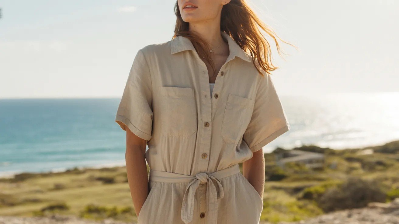 Woman in linen jumpsuit standing in beach setting with relaxed summer style.