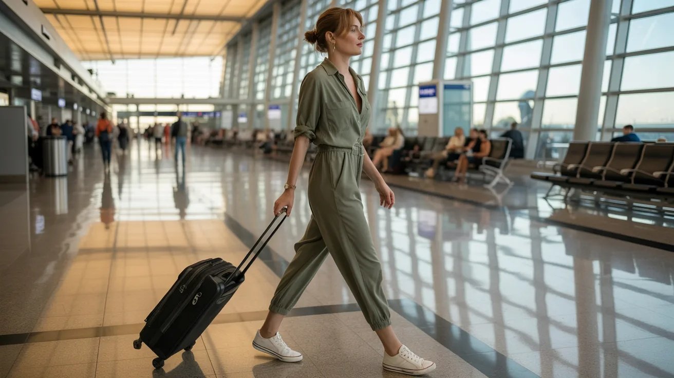 Woman in relaxed jumpsuit walking through airport in comfortable travel outfit.