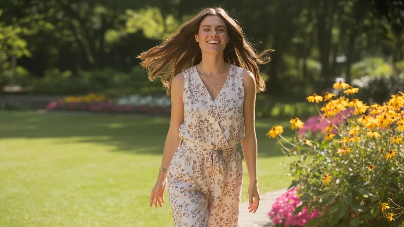Woman in floral jumpsuit standing in garden with bright cheerful spring style.