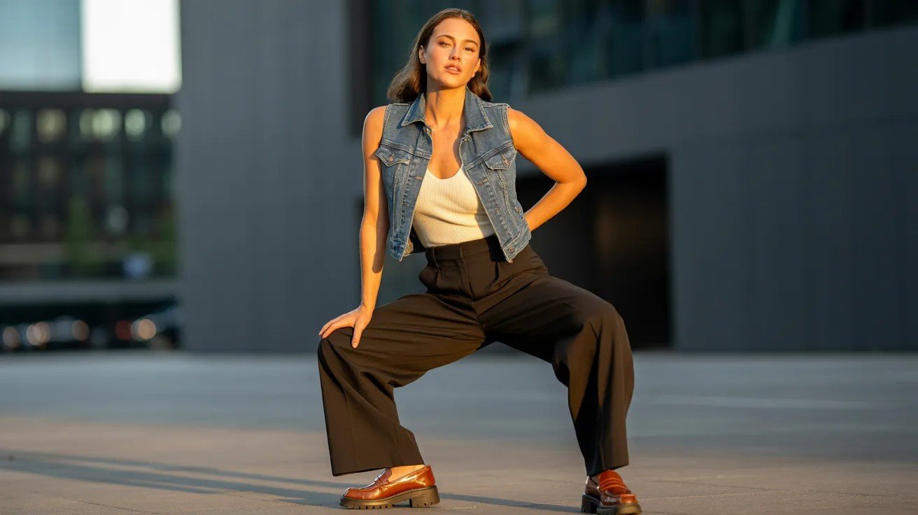 Denim vest paired with black wide-leg pants and loafers.