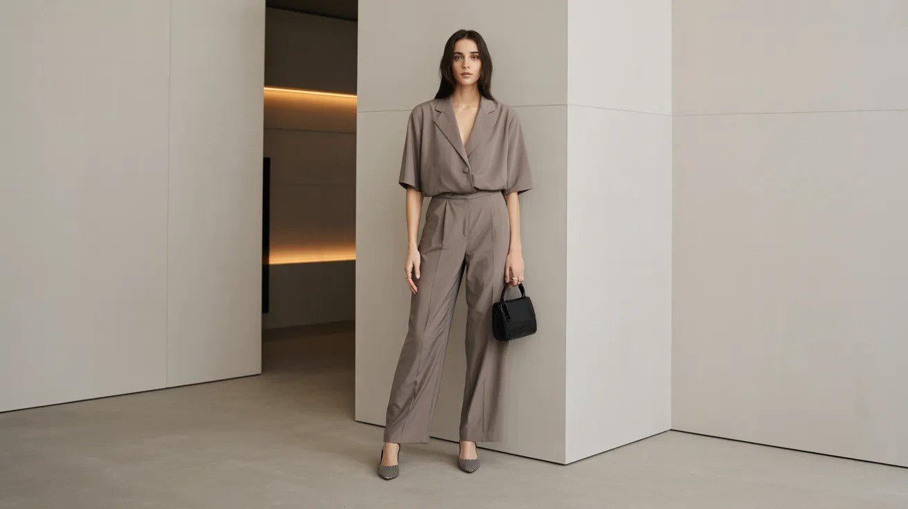 Woman in monochrome jumpsuit outfit with matching accessories in modern minimalist setting.